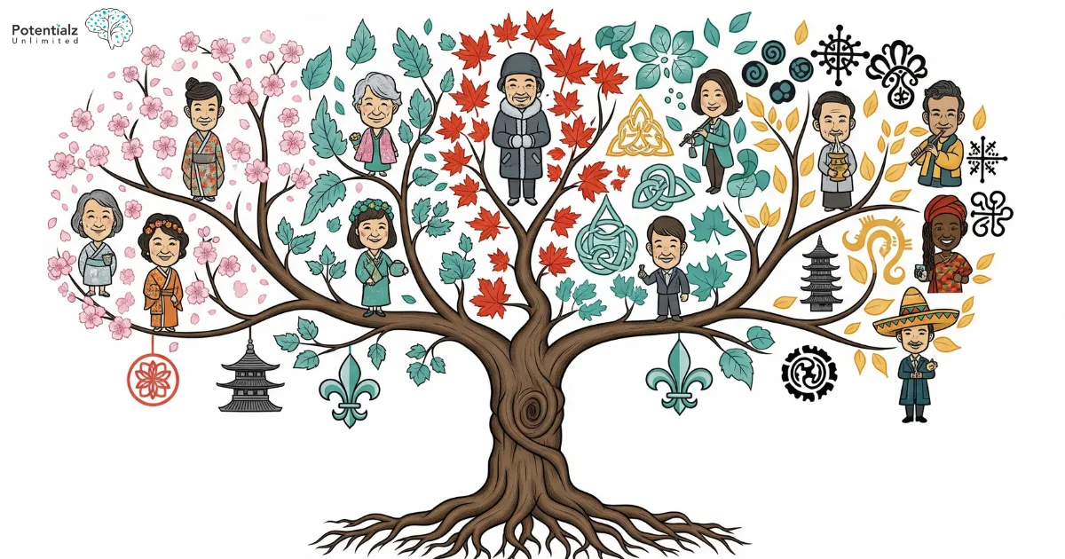 A vibrant family tree illustrating diverse cultural heritage, with each branch adorned with unique symbols and attire, all connecting back to shared roots.