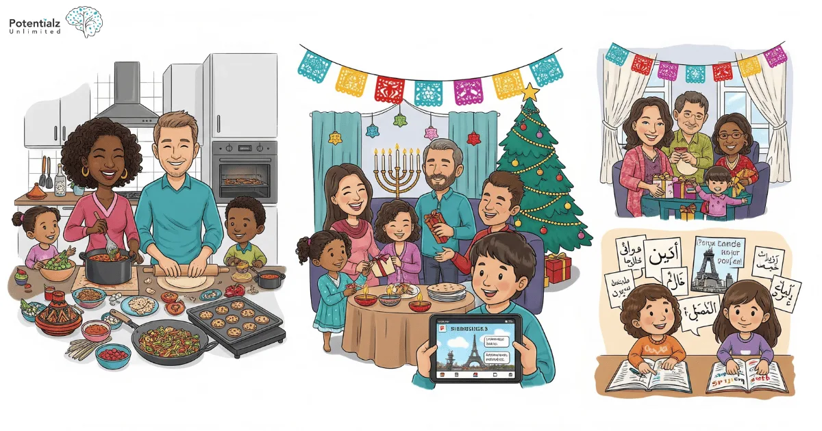 
Families embracing cultural diversity through cooking, celebrating holidays, and learning languages together.