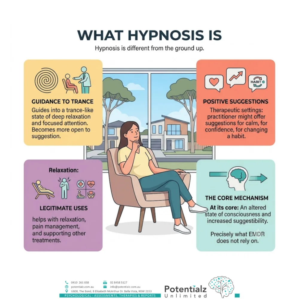 Infographic: what hypnosis is — a trance-like state of deep relaxation and heightened suggestibility used to offer positive suggestions, distinct from how EMDR works