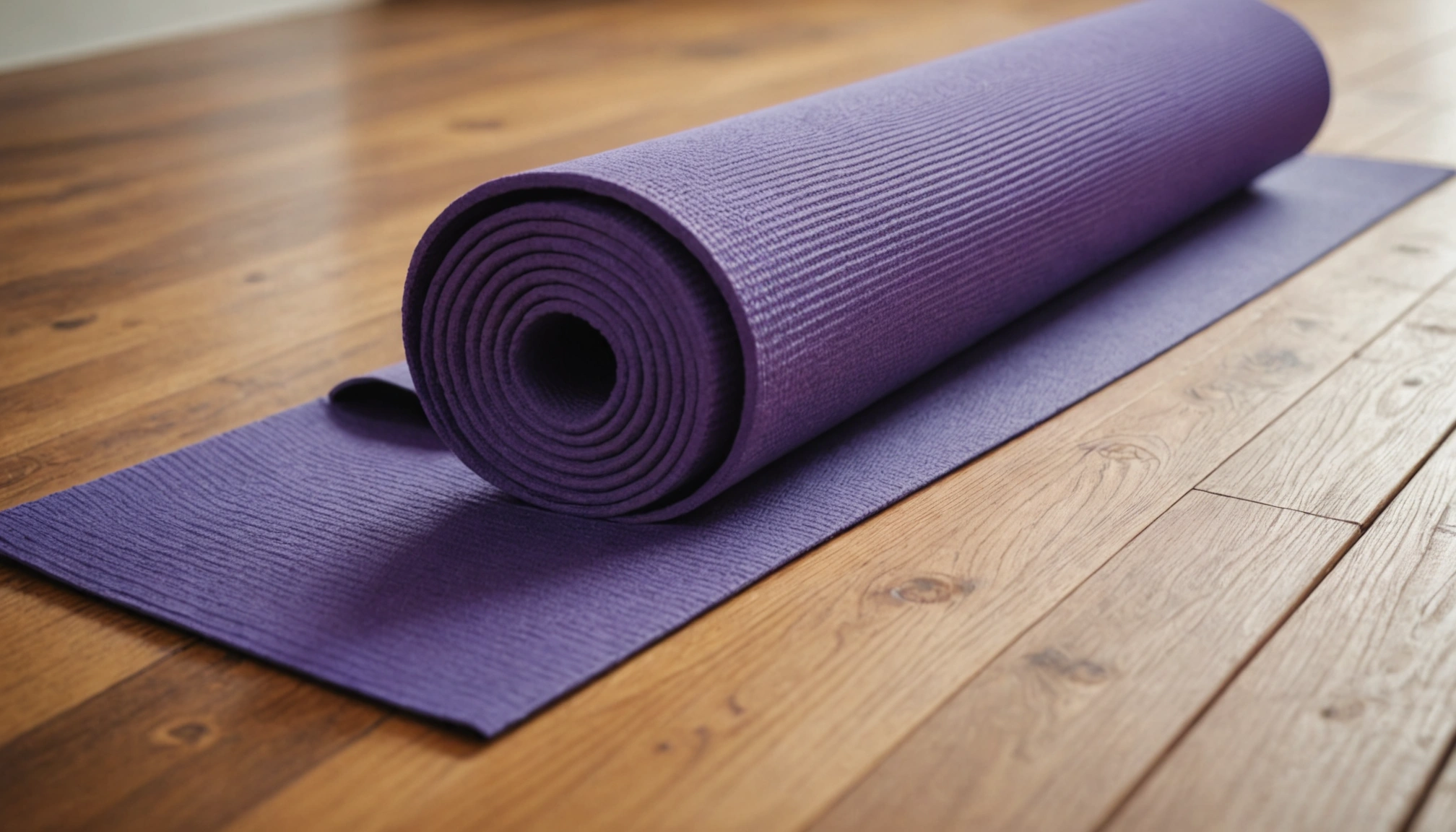 Eye-level view of serene yoga mat on a wooden floor