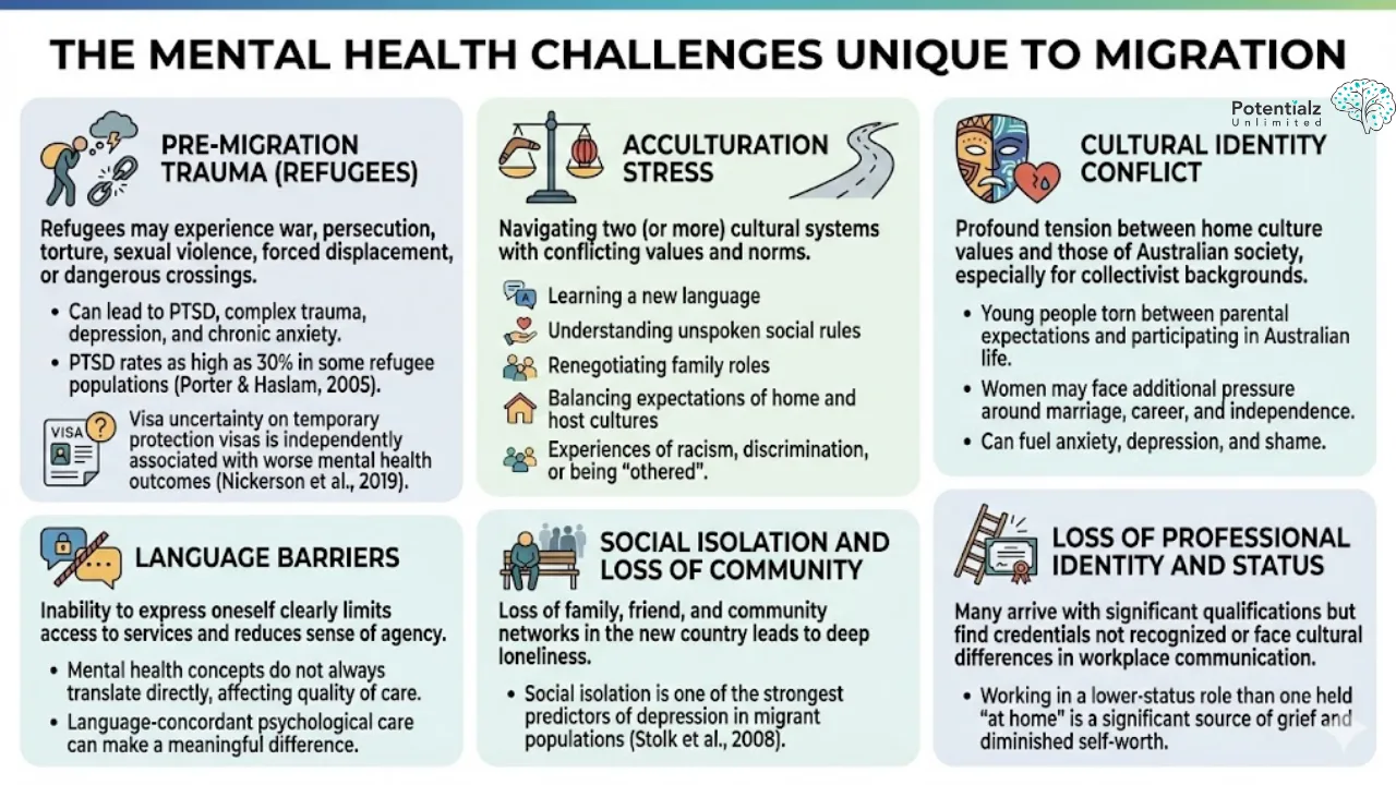 The image outlines the unique mental health challenges faced by migrants, including pre-migration trauma, acculturation stress, cultural identity conflict, language barriers, social isolation, and loss of professional identity. These factors can lead to issues such as PTSD, depression, anxiety, and social withdrawal, highlighting the complex intersection of cultural, social, and personal struggles in the migration experience.