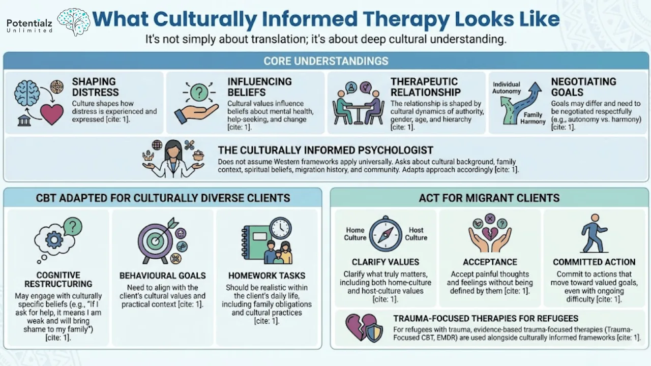 "Culturally Informed Therapy: Emphasizes deep cultural understanding in therapeutic practices, highlighting the importance of shaping distress, influencing beliefs, and negotiating goals. Tailors Cognitive Behavioral Therapy (CBT) and Acceptance and Commitment Therapy (ACT) for diverse and migrant clients, addressing cultural values and ensuring realistic, culturally aligned strategies."