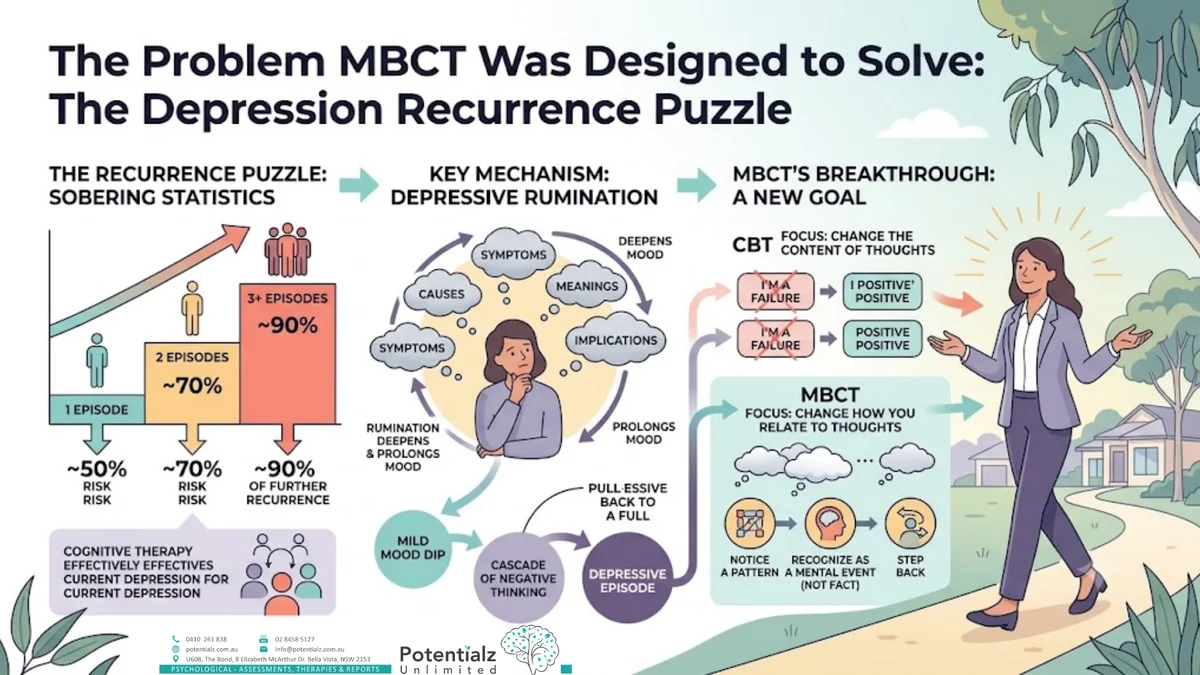 Infographic: the depression recurrence trajectory — after 1 episode ~50% risk of a second; after 2 episodes ~70%; after 3+ episodes ~90% risk of further recurrence; depressive rumination is the maintaining mechanism