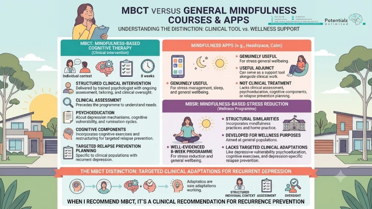 Infographic: MBCT indications — recurrent depression (3+ episodes) is the strongest, plus people reducing antidepressant reliance, rumination-driven presentations, and anxiety clients wanting complementary skills; less appropriate for acute severe depression or unstabilised trauma