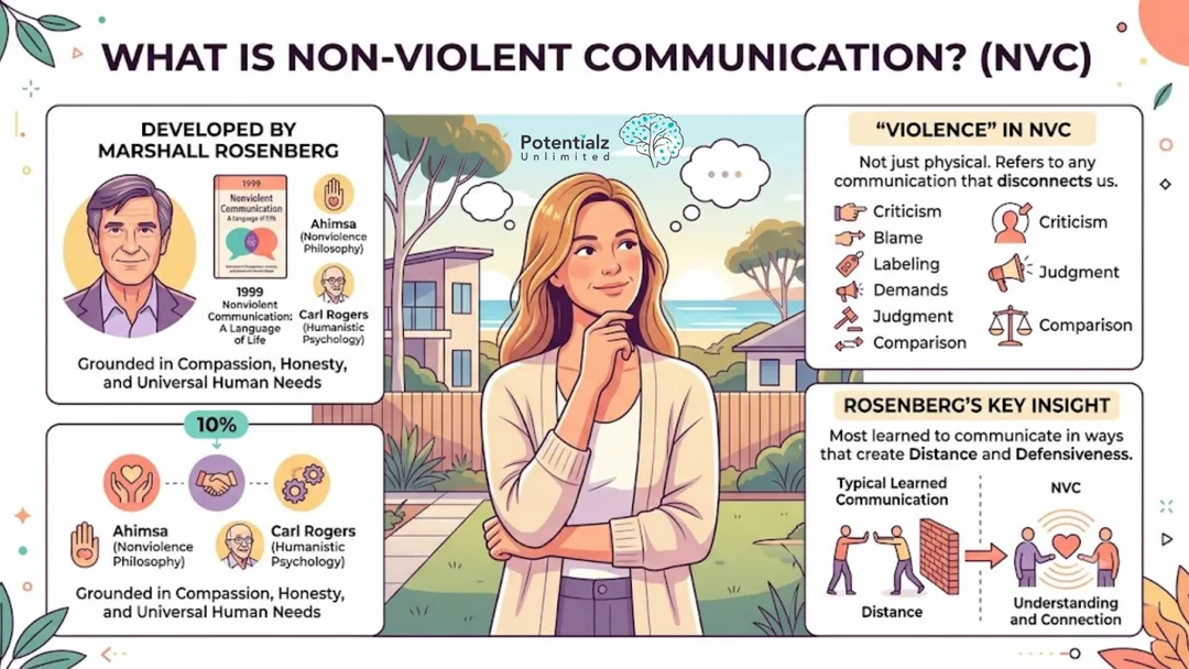 Infographic: what is Non-Violent Communication — developed by Marshall Rosenberg (1999), grounded in compassion, honesty and universal human needs; the "violence" in NVC means any communication that disconnects us, such as criticism, blame, labelling, demands, judgment and comparison