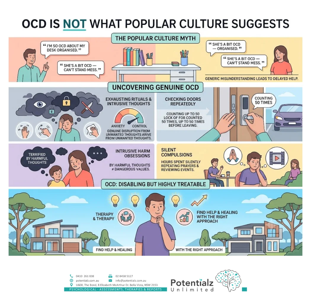 Infographic: OCD is not what popular culture suggests — beyond the 'neat and organised' myth to the genuine OCD of intrusive thoughts, checking, mental compulsions and silent suffering; disabling but highly treatable