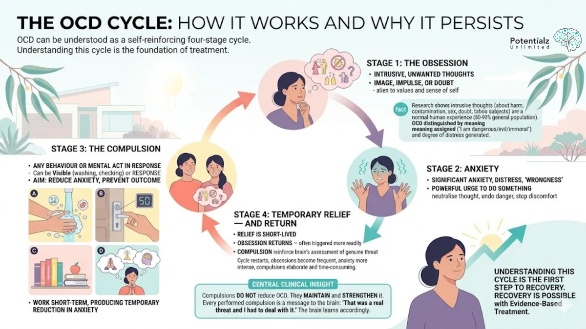 Infographic: the OCD cycle — the four stages of obsession, anxiety, compulsion and temporary relief, and why compulsions maintain and strengthen OCD