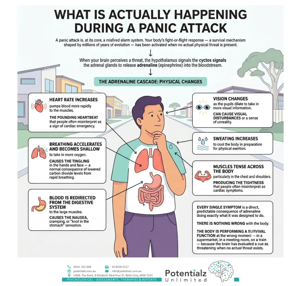 Infographic of what is actually happening during a panic attack — the adrenaline cascade causing a racing heart, rapid shallow breathing, blood redirected from digestion, vision changes, sweating and muscle tension