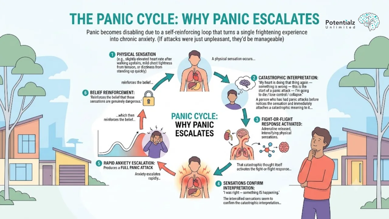 The panic cycle diagram — how a physical sensation triggers a catastrophic interpretation that activates the fight-or-flight response, intensifying sensations and escalating into a full panic attack, then reinforcing the belief that the sensations are dangerous