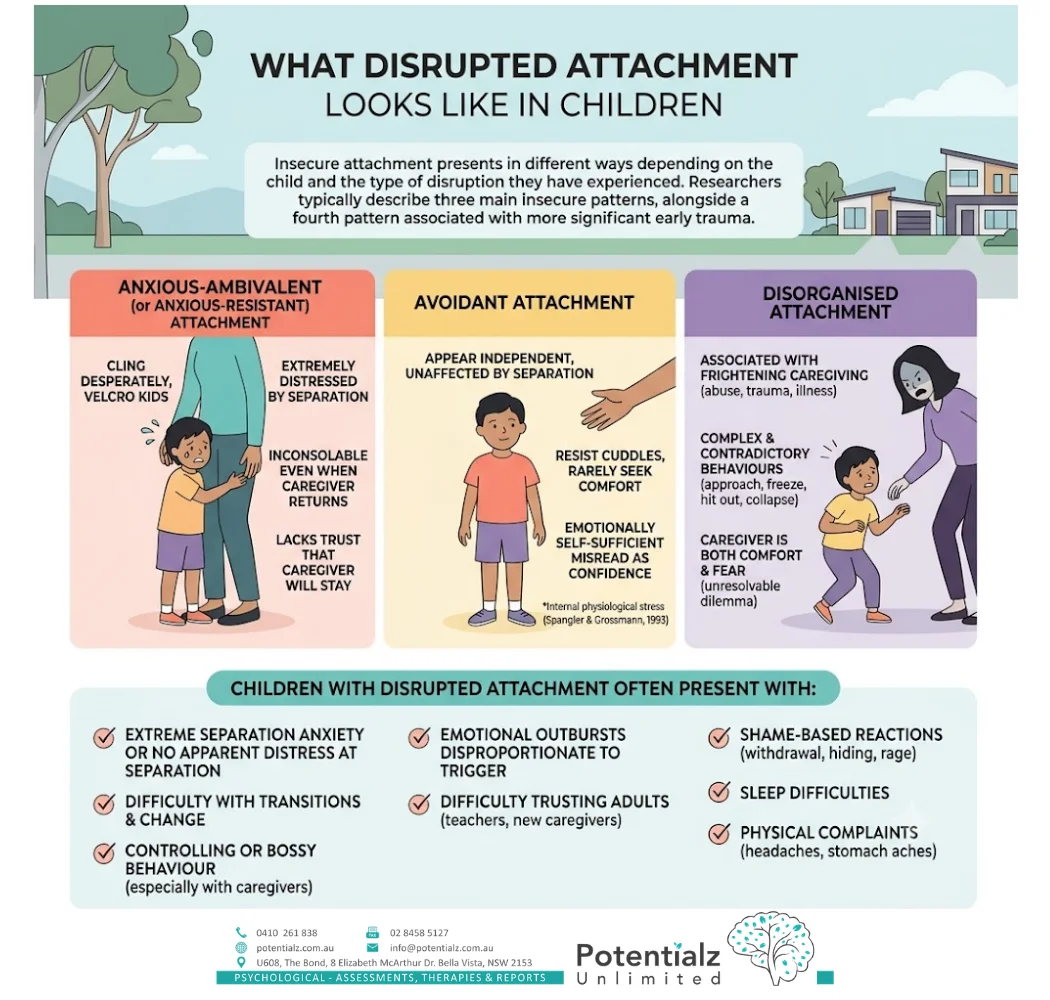 Infographic showing what disrupted attachment looks like in children — anxious-ambivalent, avoidant and disorganised attachment patterns, and common presentations such as separation anxiety, controlling behaviour, sleep difficulties, and difficulty trusting adults