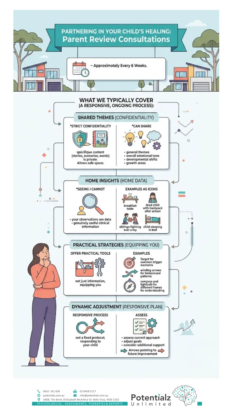 Infographic of parent review consultations in play therapy — held about every six weeks, covering confidential themes, home observations, practical strategies, and plan adjustments