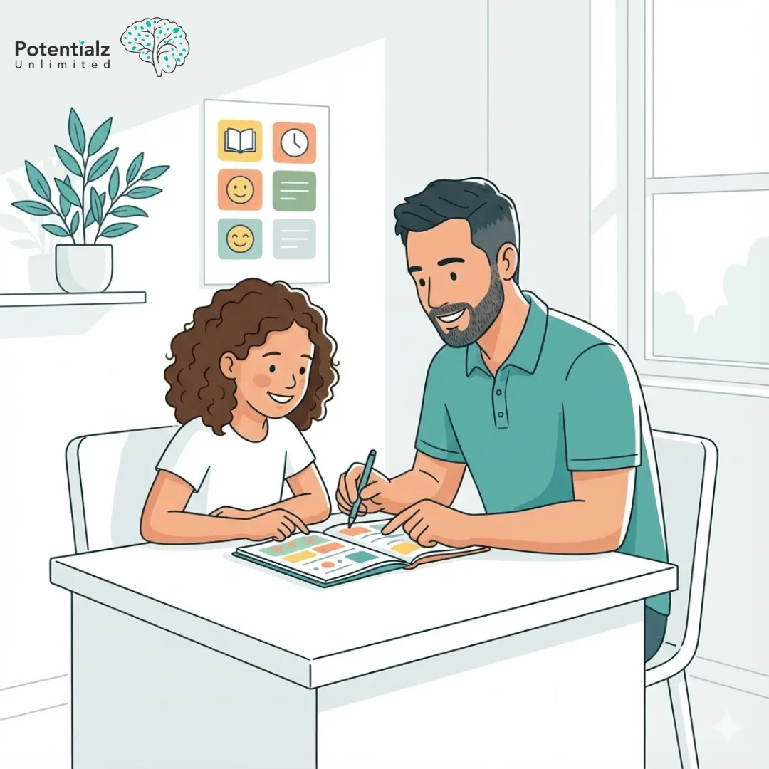 
A parent and child enjoy quality time together, working on schoolwork at a tidy desk, fostering a supportive and encouraging learning environment.