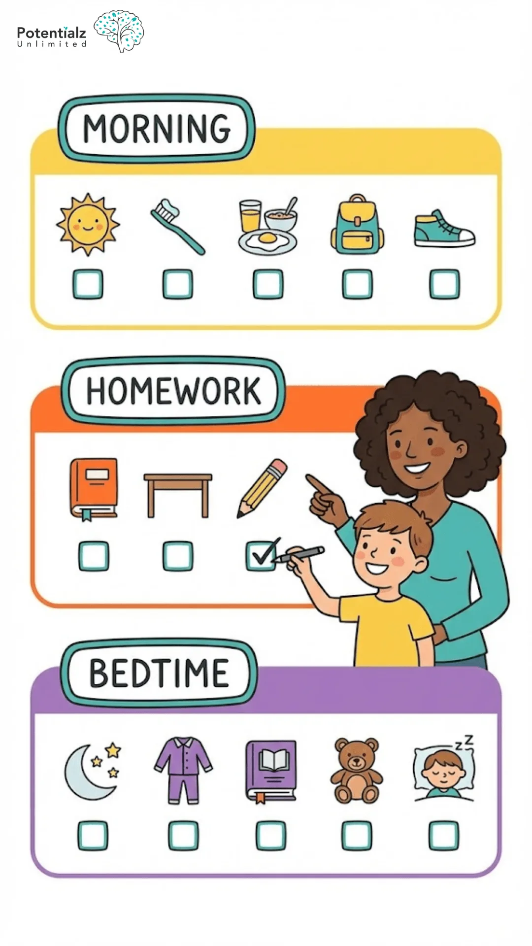Bright and engaging visual routine chart for children, featuring morning, homework, and bedtime tasks with icons and checkboxes. Parent and child interact to complete tasks, fostering organization and independence for ages 6-12.