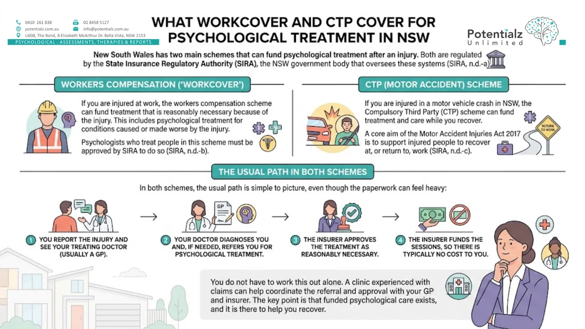 Infographic: what WorkCover and CTP cover for psychological treatment in NSW — the workers compensation and CTP (motor accident) schemes regulated by SIRA, and the usual path of report, GP referral, insurer approval, and funded sessions