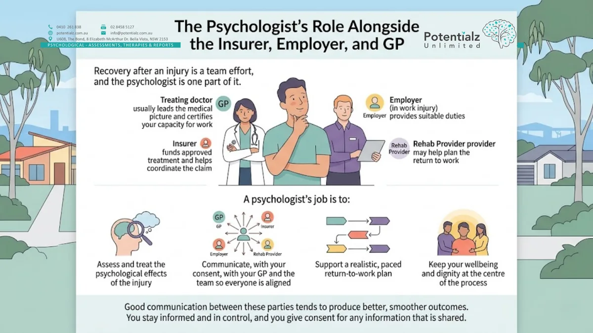 Infographic: the psychologist's role alongside the insurer, employer, GP, and rehab provider — assessing and treating the psychological effects, communicating with consent, supporting a paced return-to-work plan, and keeping your wellbeing central