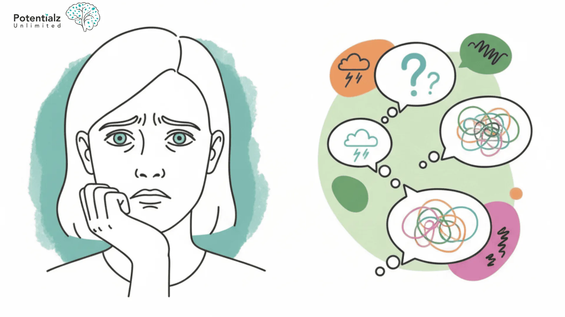 A worried individual surrounded by thought bubbles illustrating the storm of intrusive thoughts often associated with relationship OCD.