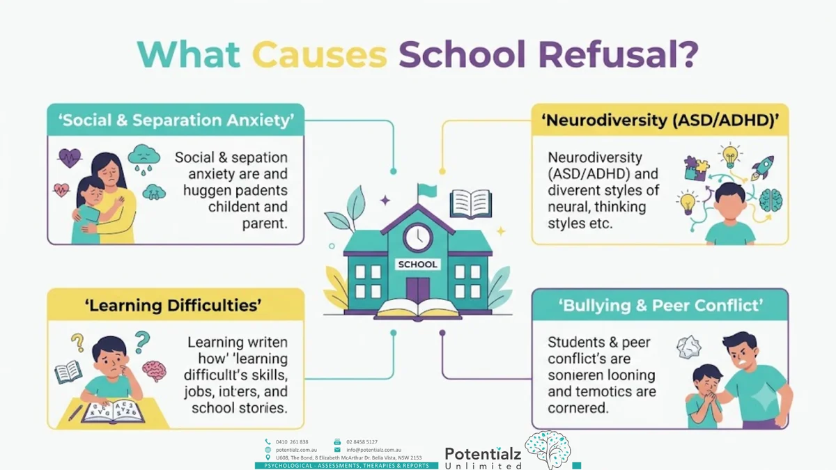 Infographic: common contributors to school refusal — social anxiety, separation anxiety, generalised anxiety, bullying, learning difficulties, autism, ADHD, previous negative experiences, family factors; school refusal is a symptom, not a diagnosis in itself
