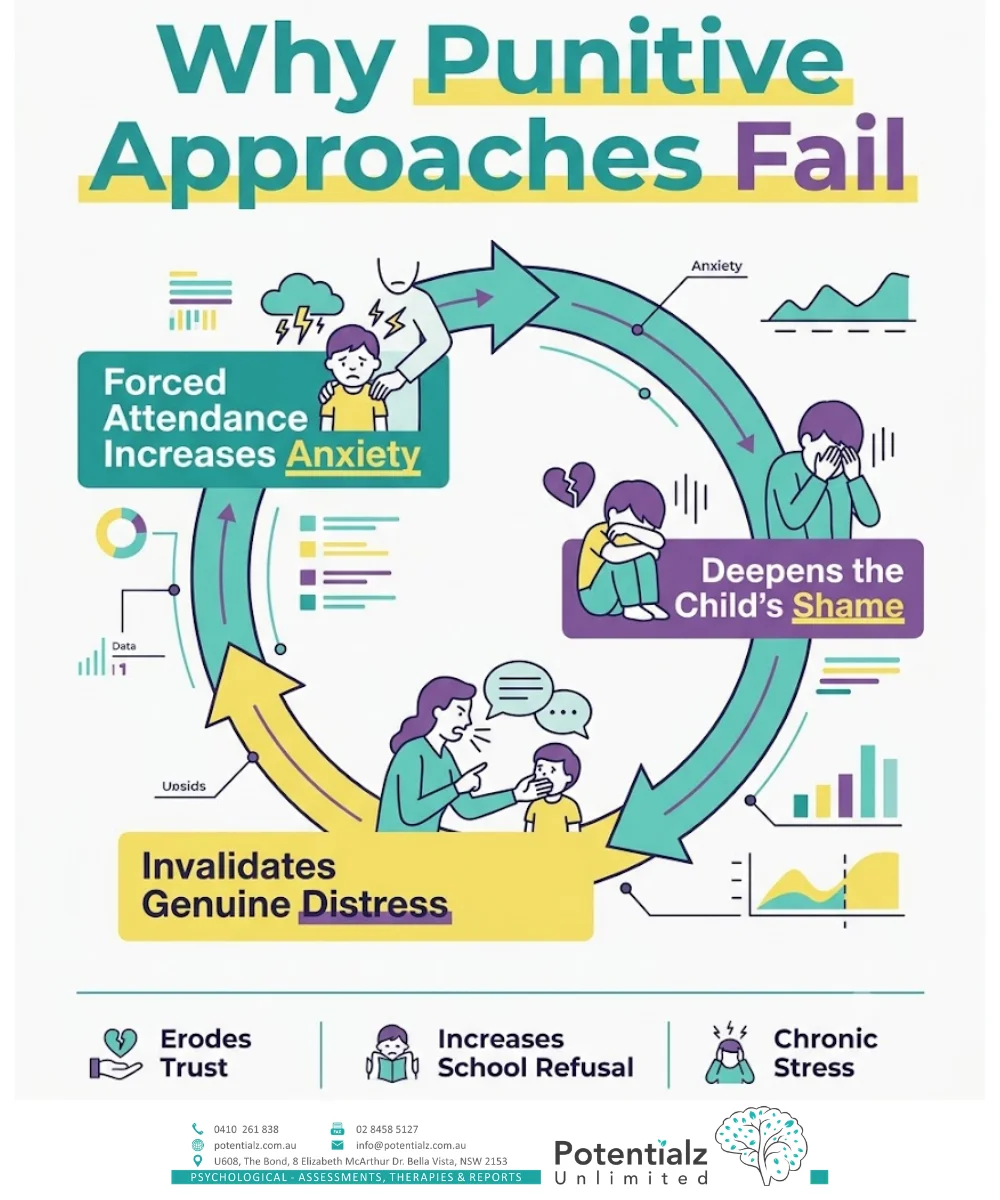 Infographic: recognisable signs of school refusal — physical complaints on school mornings that resolve at home, Sunday-evening dread, sleep disruption before school, crying/clinging/pleading, hiding at school, dissociation in the classroom, patterns of partial attendance