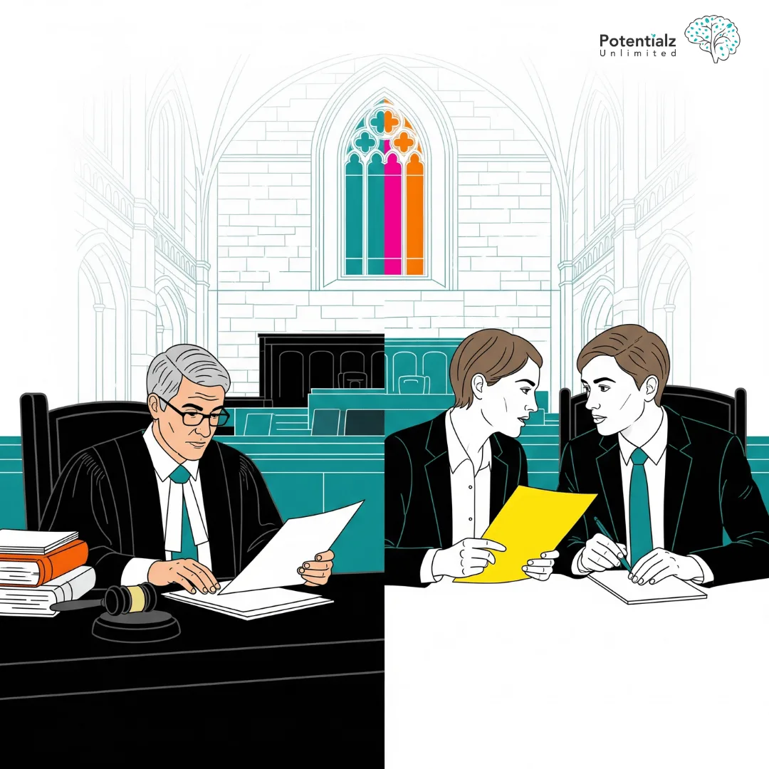 The illustration depicts a courtroom scene with a magistrate reviewing documents on one side and a person consulting with a lawyer on the other