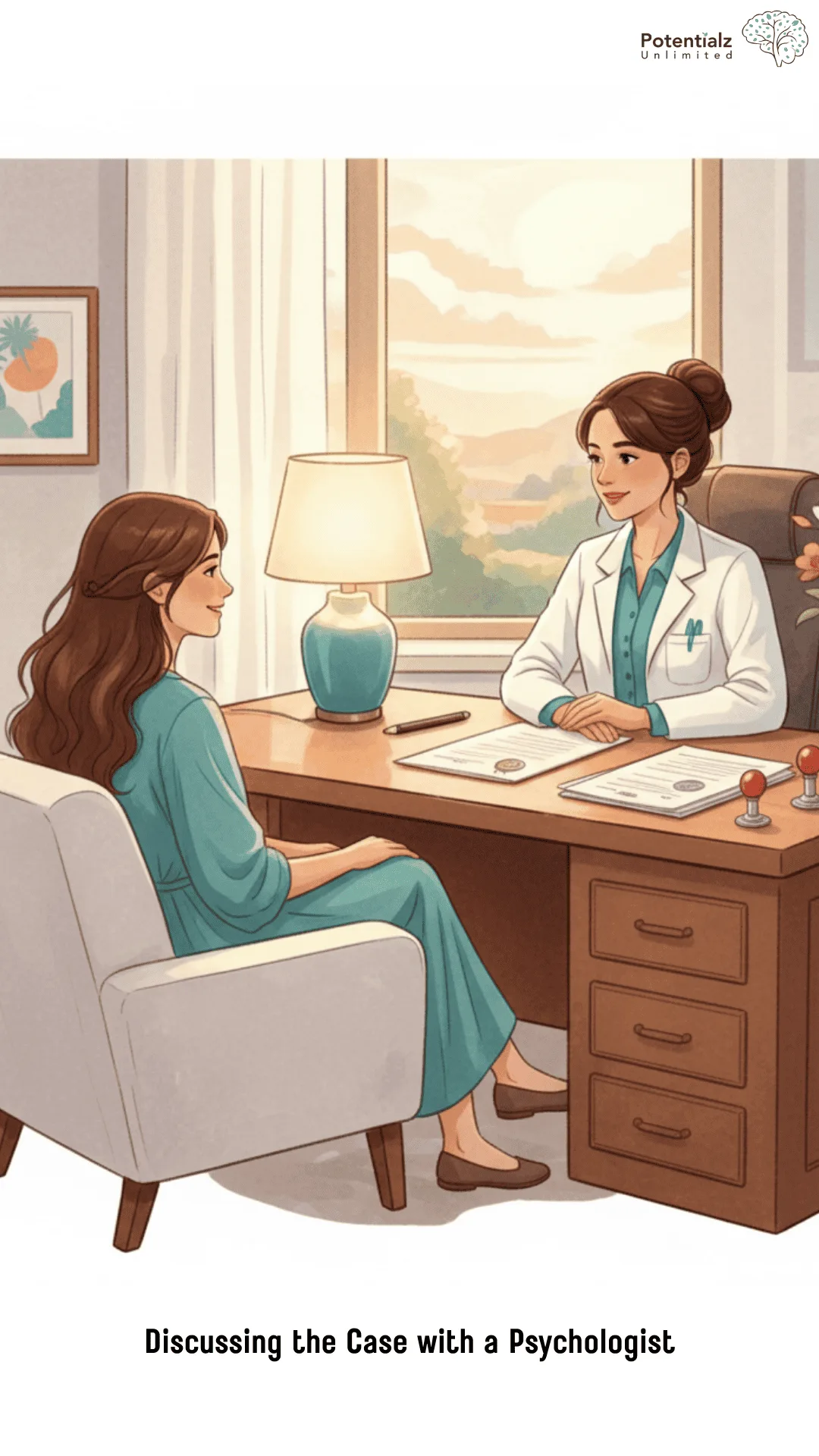 A supportive discussion unfolds between a mental health professional and a client, with court documents in the foreground, set in a warm, welcoming office.