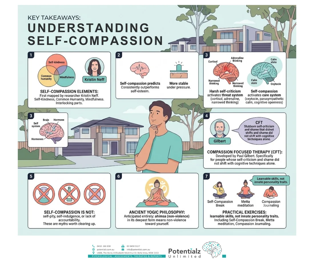Infographic: key takeaways on understanding self-compassion — its elements, the CFT and yogic foundations, what it is not, and practical exercises