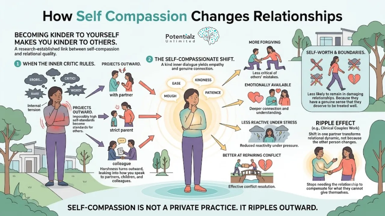 Infographic: how self-compassion changes relationships — more forgiving, emotionally available, less reactive under stress, and the ripple effect