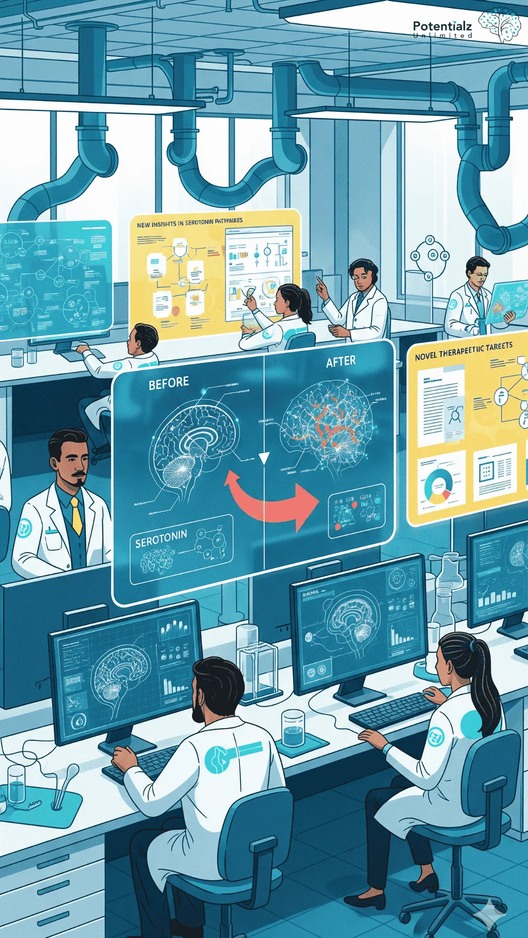 Scientists collaborate in a high-tech lab, analyzing brain scans and data to advance serotonin research, showcasing significant progress with visual "before and after" insights.