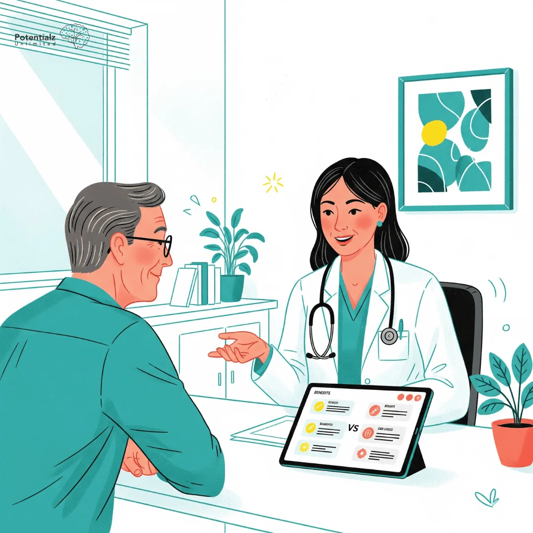 Healthcare professional engaging in a thoughtful discussion about medication options with a patient, using visual aids to highlight benefits and side effects in a welcoming clinical environment.