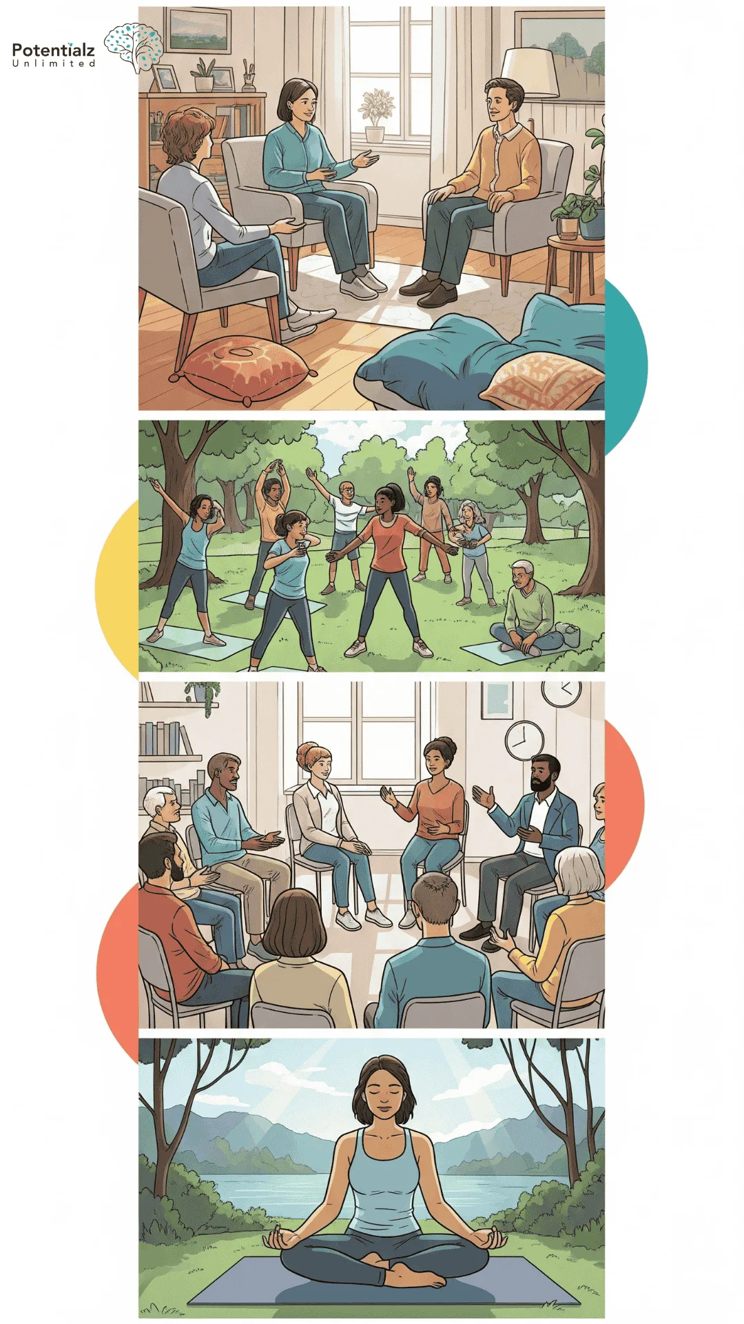 Embracing Recovery: A diverse group engages in empowering activities for mental health, from therapy and support groups to exercise and mindfulness, fostering hope and growth.