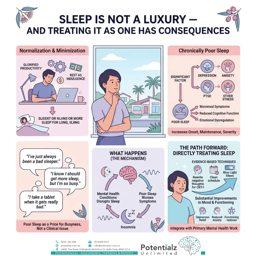Infographic on why sleep is not a luxury — how poor sleep is normalised and minimised, how chronically poor sleep is a significant factor in depression, anxiety, PTSD and stress, and how directly treating sleep with evidence-based techniques produces substantial improvements in mood and functioning