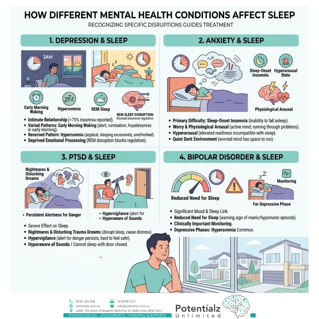 Infographic comparing how different mental health conditions affect sleep — depression with early morning waking and REM disruption, anxiety with sleep-onset insomnia driven by hyperarousal, PTSD with nightmares and hypervigilance, and bipolar disorder with reduced sleep need as a warning sign of mania