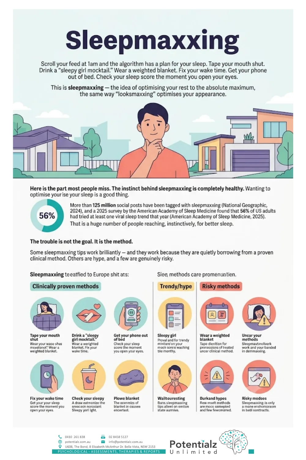 Infographic: sleepmaxxing has the right instinct — optimising sleep — and CBT-I is the clinically-proven version, with clinically-proven, trendy-but-mild, and risky methods compared
