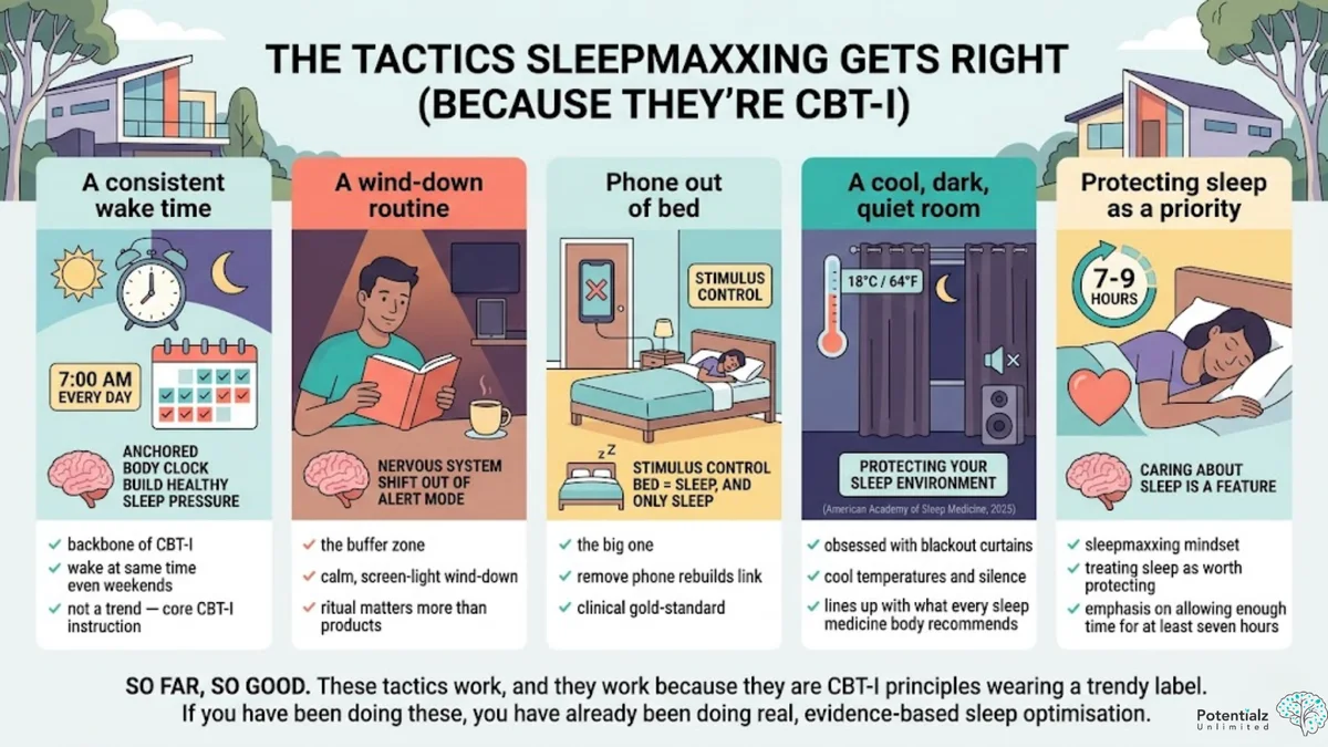 Infographic: the sleepmaxxing tactics that work because they are CBT-I — a consistent wake time, a wind-down routine, phone out of bed (stimulus control), a cool dark quiet room, and protecting sleep