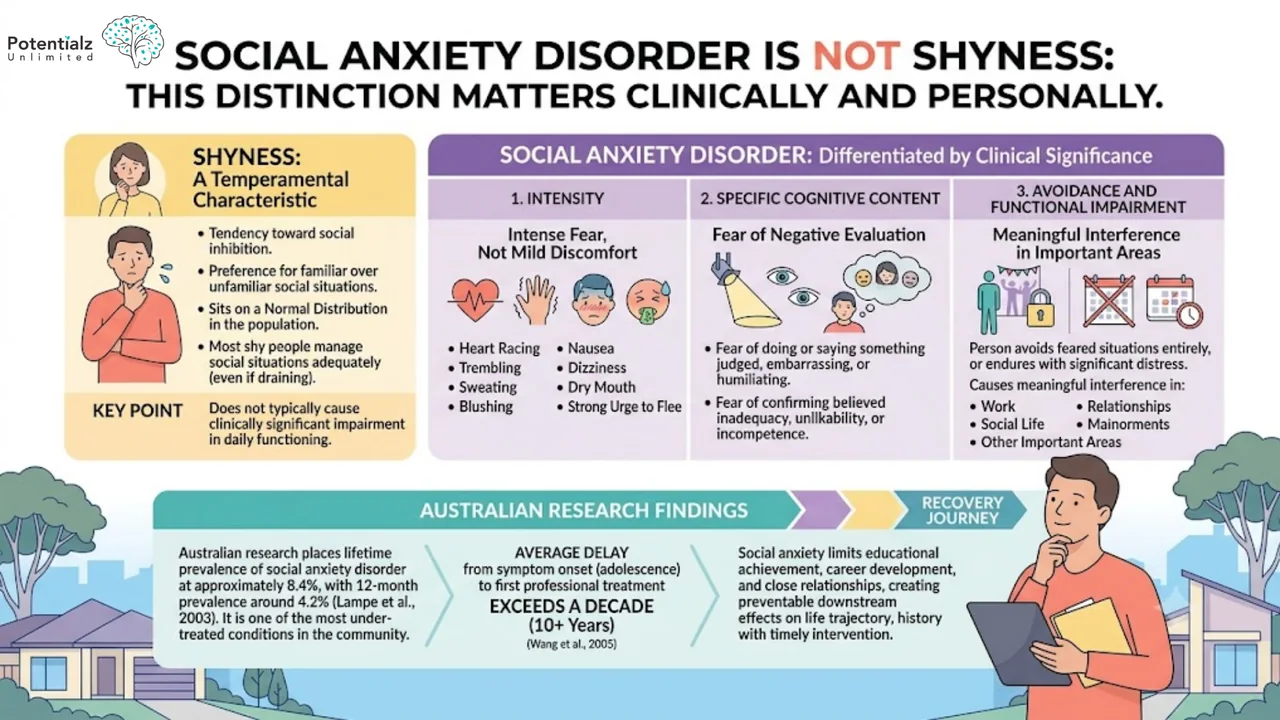 Infographic: social anxiety disorder is not shyness — the clinical differences in intensity, cognitive content, and functional impairment, with Australian research findings
