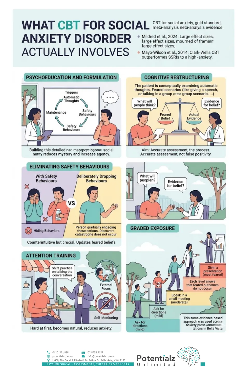 Infographic: what CBT for social anxiety disorder involves — psychoeducation, cognitive restructuring, dropping safety behaviours, attention training, and graded exposure