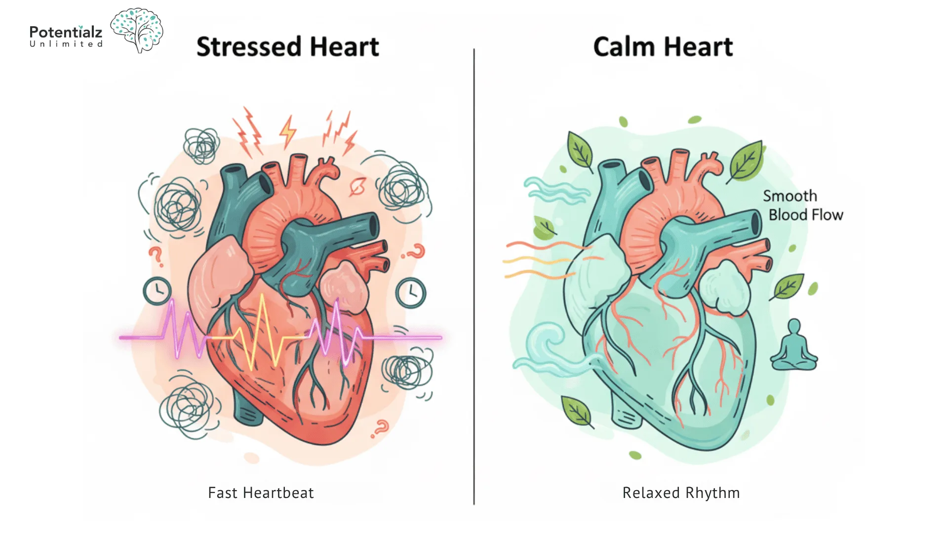 Medical diagram comparing stressed heart with inflammation versus healthy calm heart showing stress heart health connection