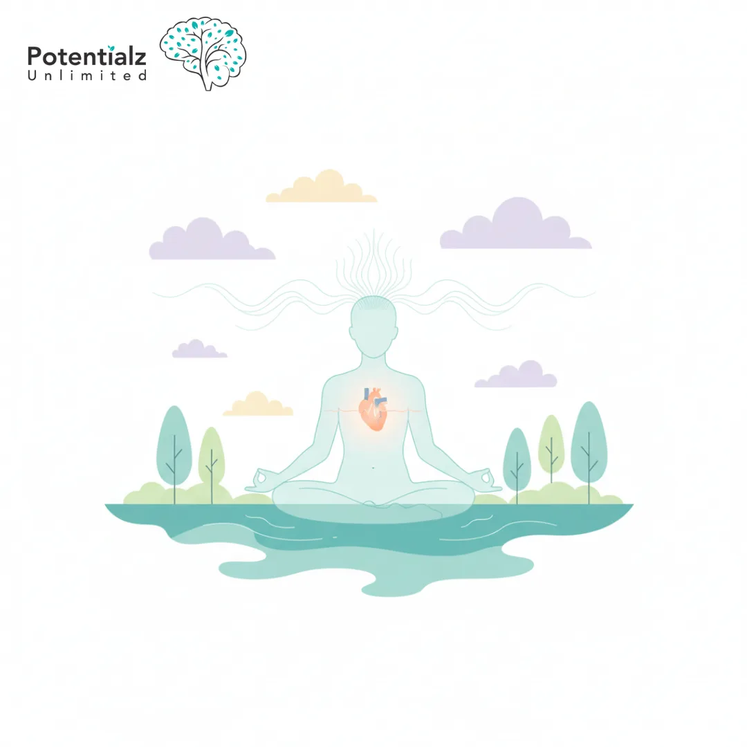 Person meditating with visible calm brainwaves and healthy heart representing mindfulness-based stress reduction for cardiovascular health