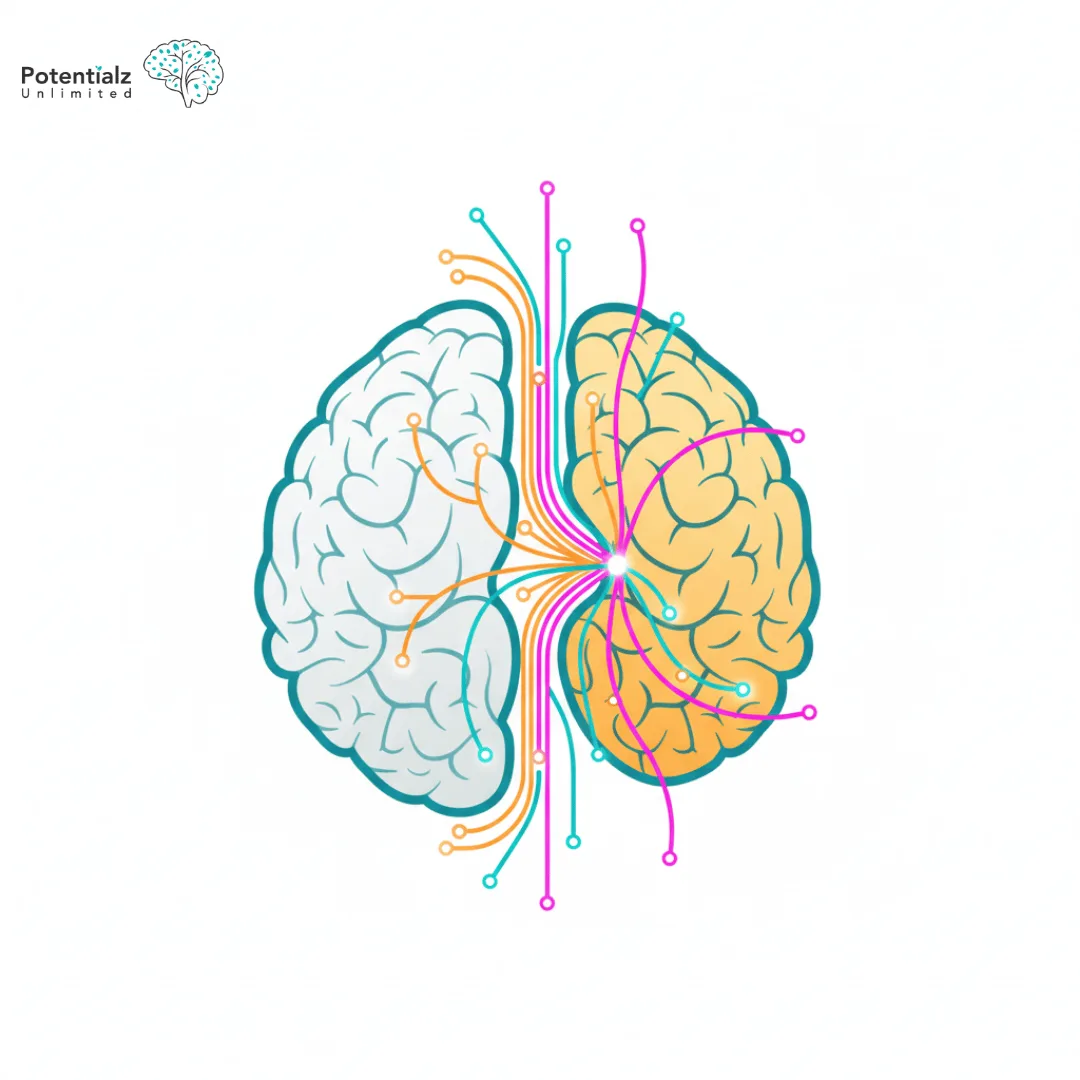 Illustrated split brain diagram highlighting the neural pathways between the prefrontal cortex and the amygdala, symbolizing the processes of emotional regulation and processing.