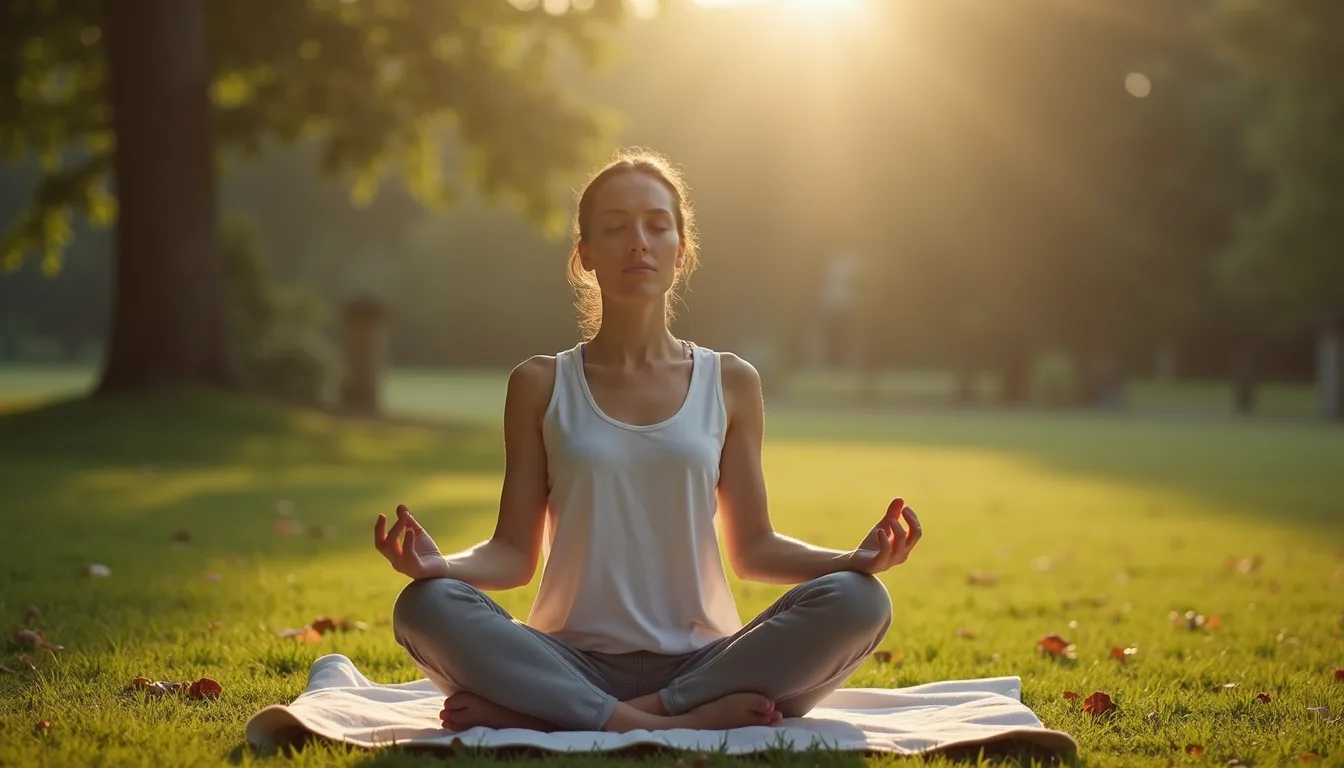 A person sits serenely in a cross-legged position, practicing mindfulness meditation in a sunlit park.