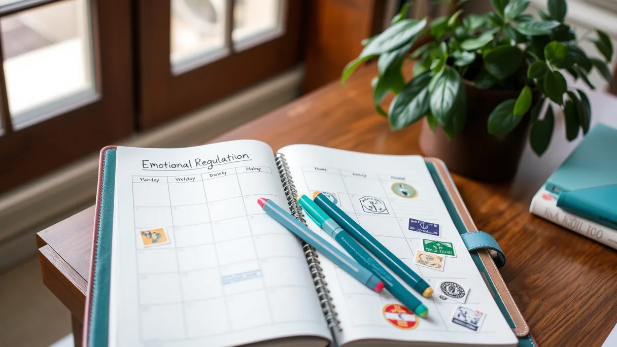 A neatly organized desk features an open "Emotional Regulation" planner, colorful pens, and a vibrant potted plant, reflecting a focus on personal emotional management.