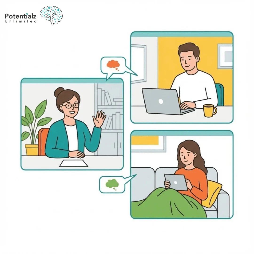 A telehealth session with a psychologist and a couple, utilizing virtual communication to strengthen relationships from the comfort of their home.