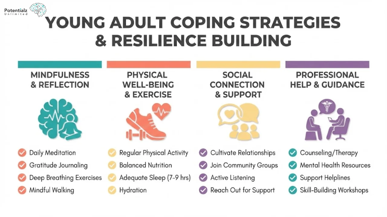 A comprehensive guide on young adult coping strategies and resilience building, highlighting the importance of mindfulness, physical well-being, social connection, and professional guidance.