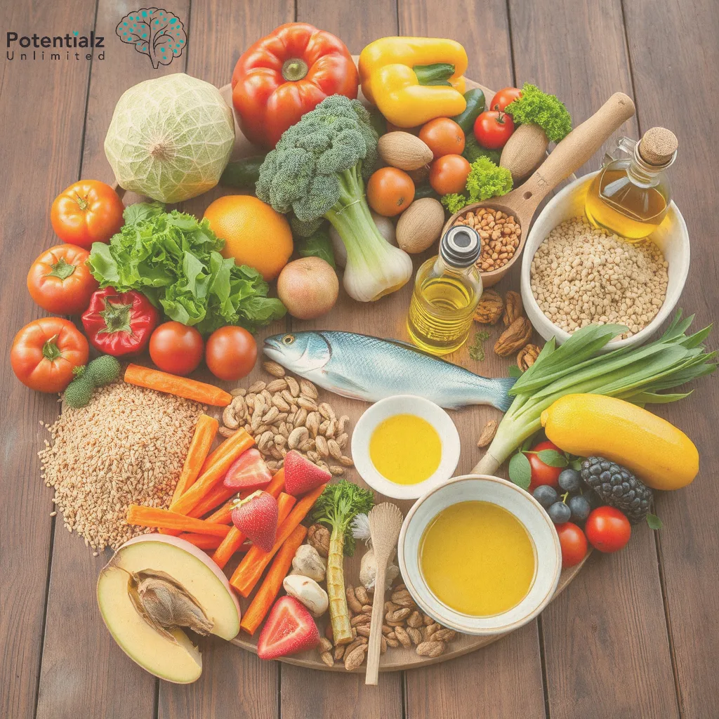 Colorful array of brain-healthy Mediterranean diet foods including vegetables, fish, olive oil, and whole grains supporting mental health