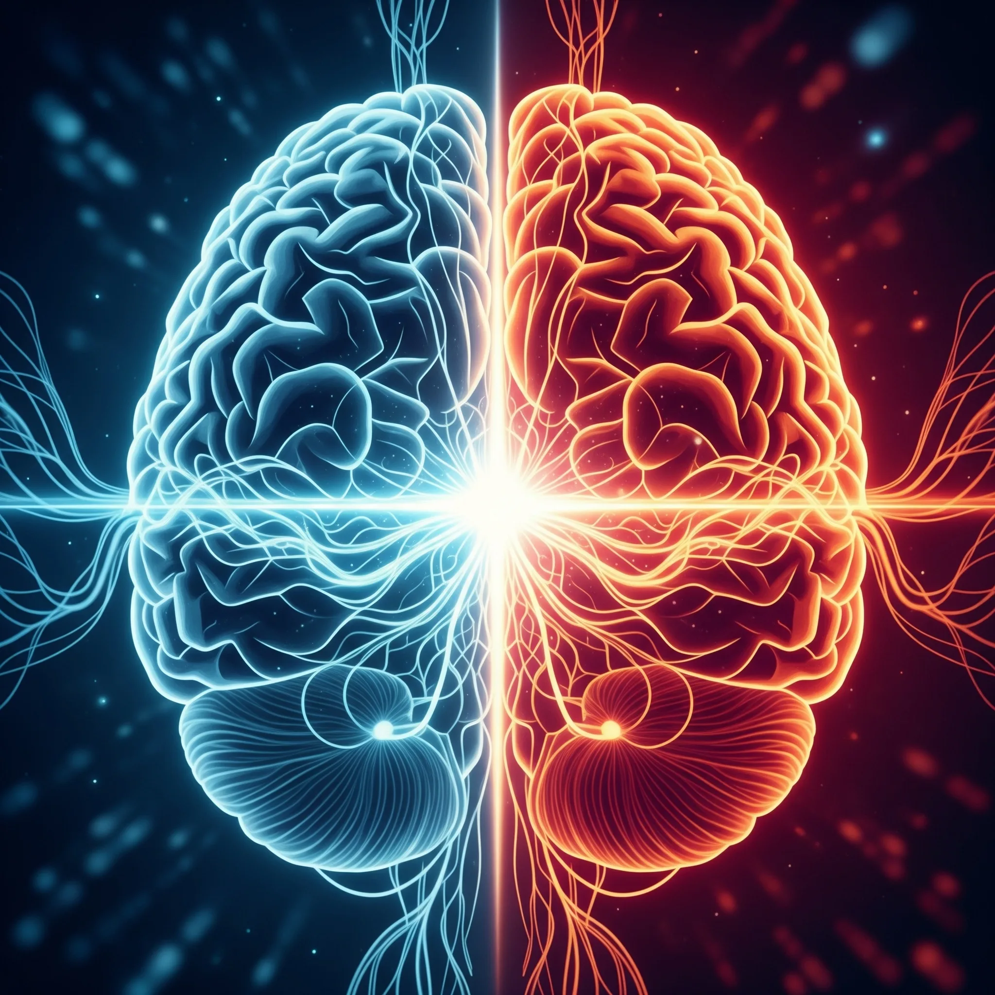 Split-brain illustration showing the thinking brain (prefrontal cortex) and emotional brain (limbic system) with neural pathways between them