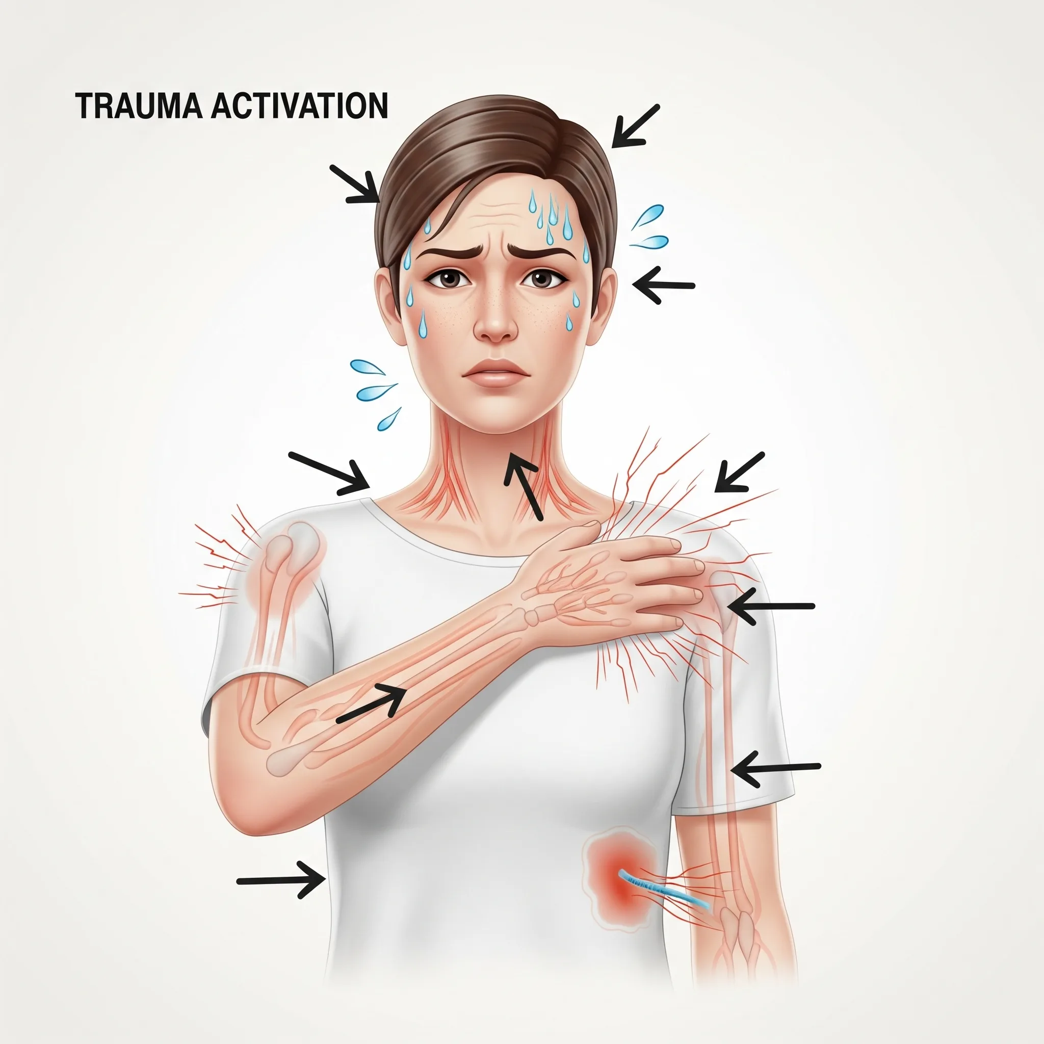  Illustration of a person with arrows pointing to different body parts showing physical sensations of trauma activation: tight chest, shallow breathing, tense shoulders, clenched jaw, upset stomach