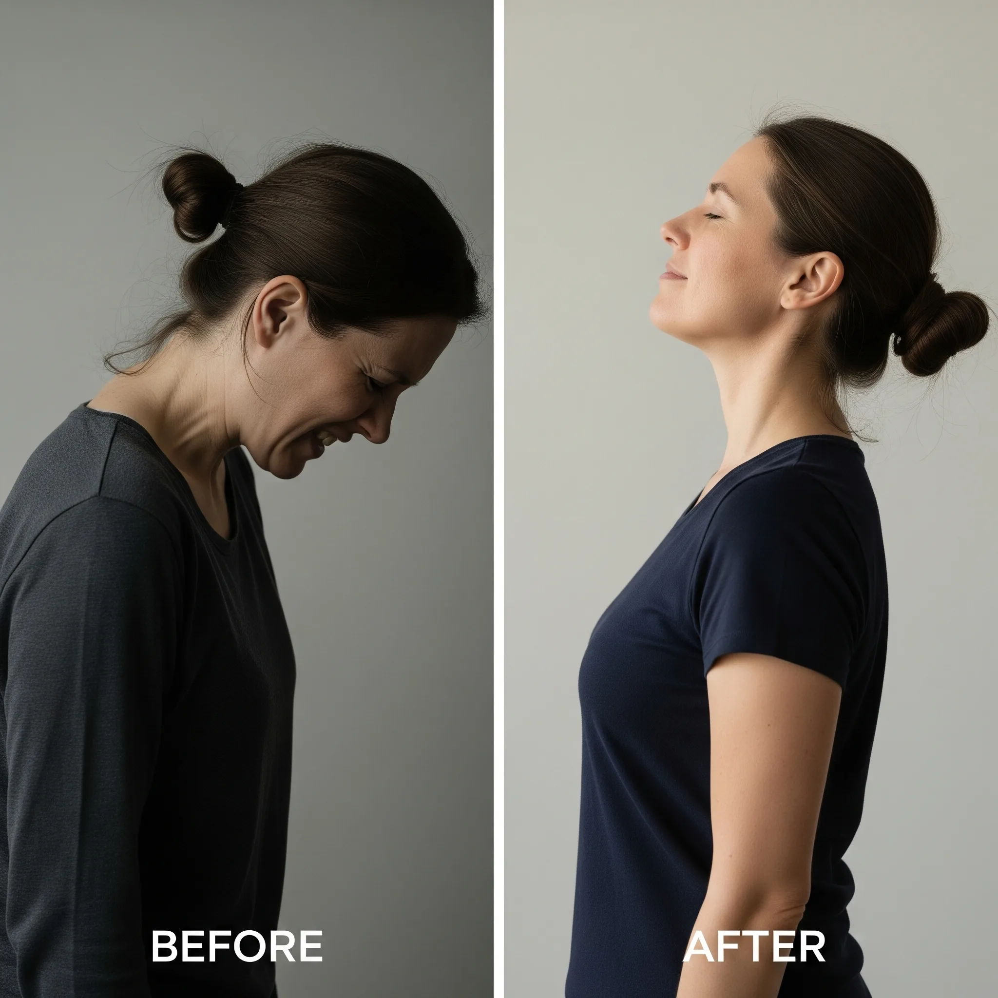 Before and after comparison for demonstrating effects of psychotherapeutic healing by showing a person's posture and facial expressions