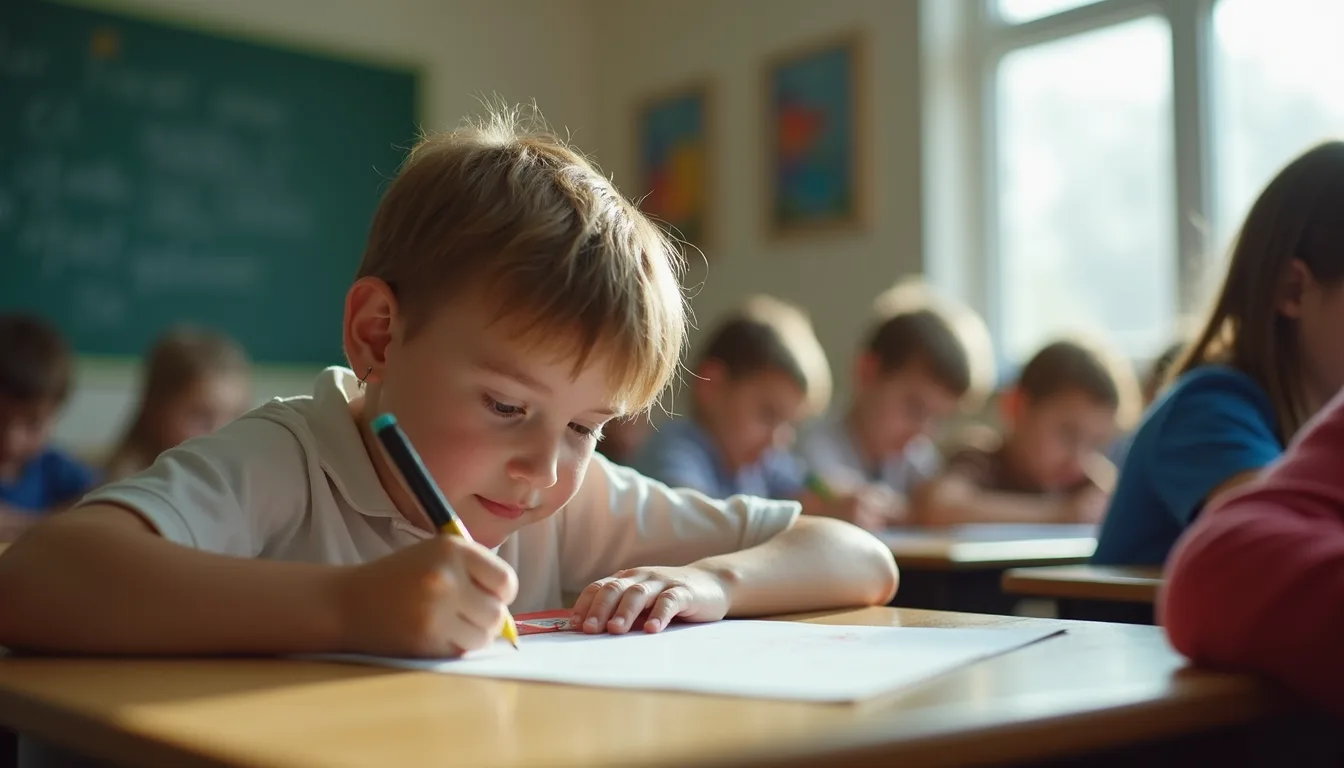 Close-up view of a child writing in a classroom