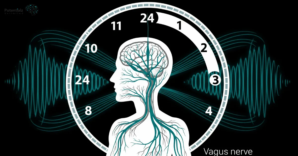 an artistic illustration showing a human silhouette with the vagus nerve highlighted in teal colour