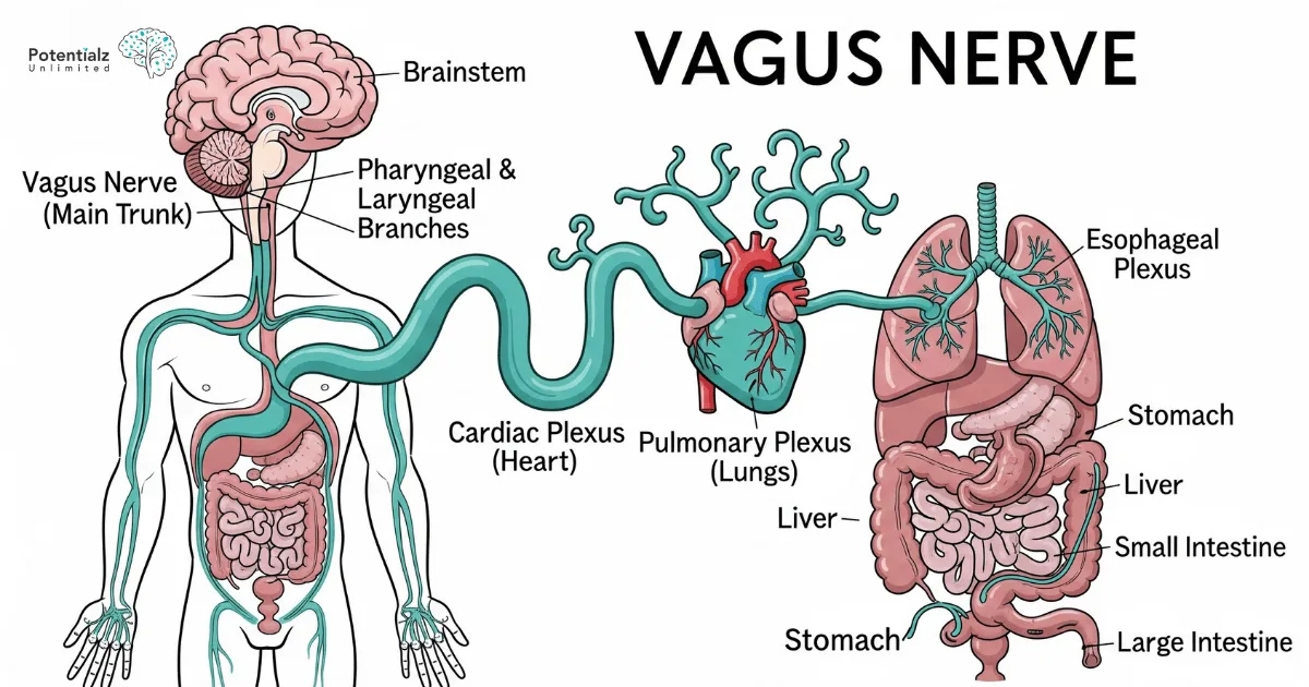  Anatomical illustration of the human body showing the vagus nerve's pathway from brain to organs