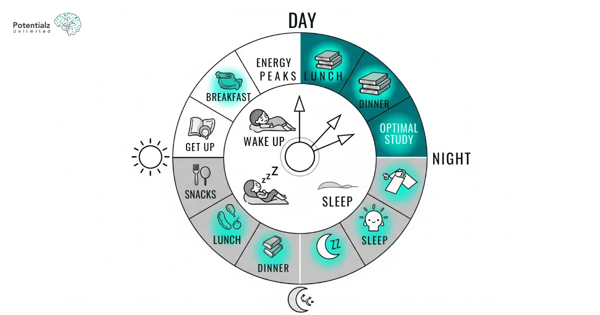 A 24-hour clock diagram showing different biological processes occurring throughout the day